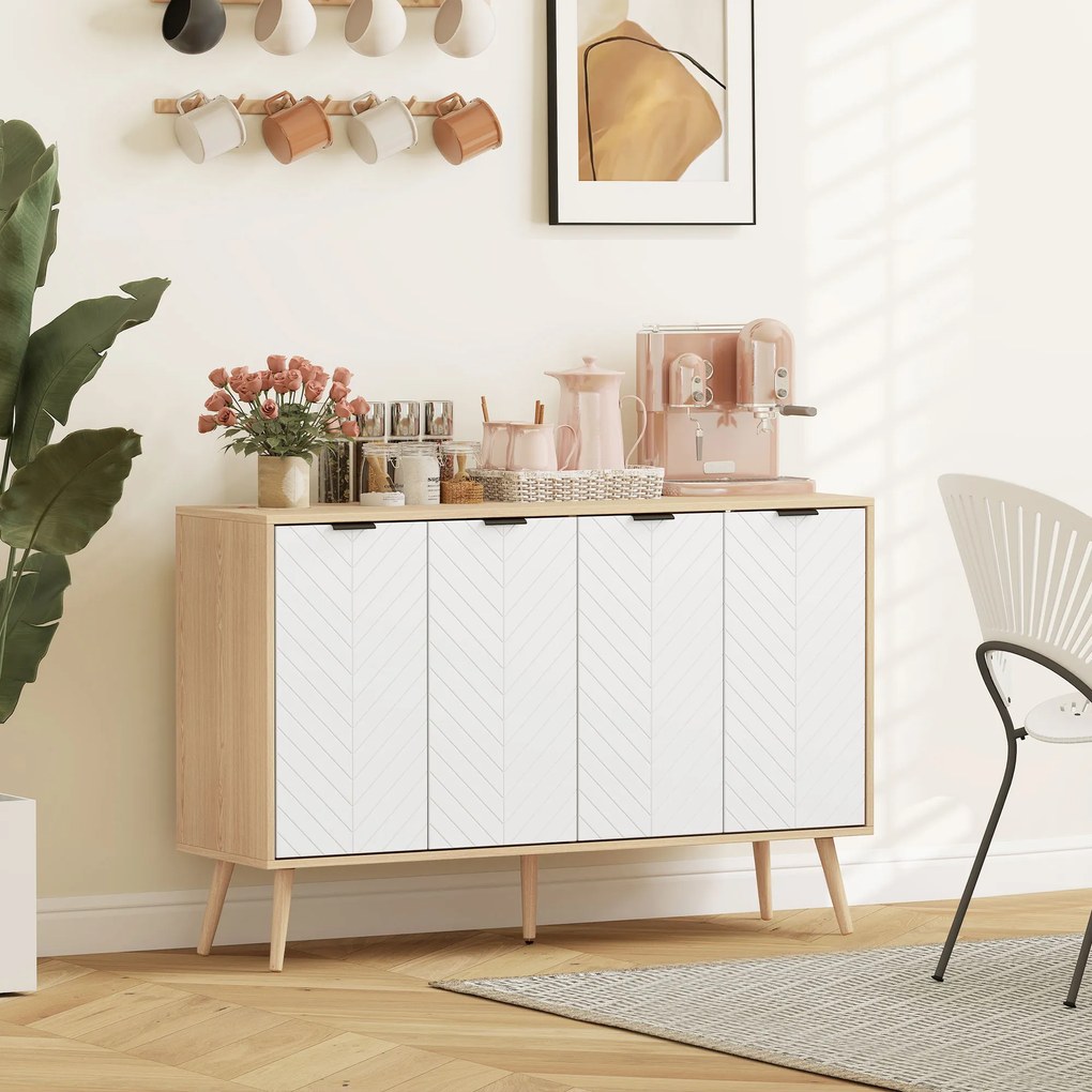 HOMCOM Comodă Bucătărie, Mobilier de Bucătărie cu Rafturi Reglabile și Picioare din Lemn de Pin, Bufet Modern pentru Living, Living, Sala de Mese, 120x35x77,4cm, Natural și Alb | Aosom Romania