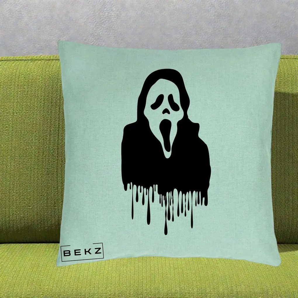 Perna Personalizata Halloween Ghostface Scream Picurand, 40x40 cm, Verde Menta, Husa Detasabila, Perna Inclusa, BEKZ®