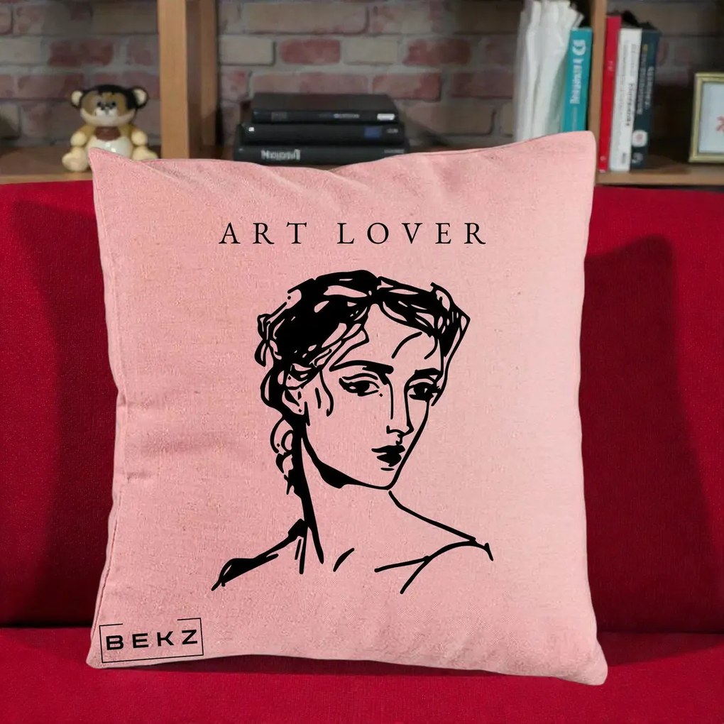 Perna Decorativa Art Lover Portret Grafic, 40x40 cm, Roz, Husa Detasabila, Perna Inclusa, BEKZ®