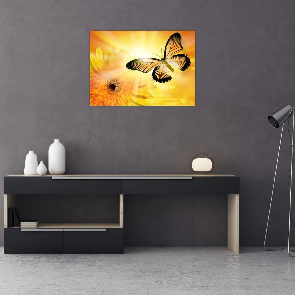 Tablou - Fluture galben cu flori (70x50 cm)