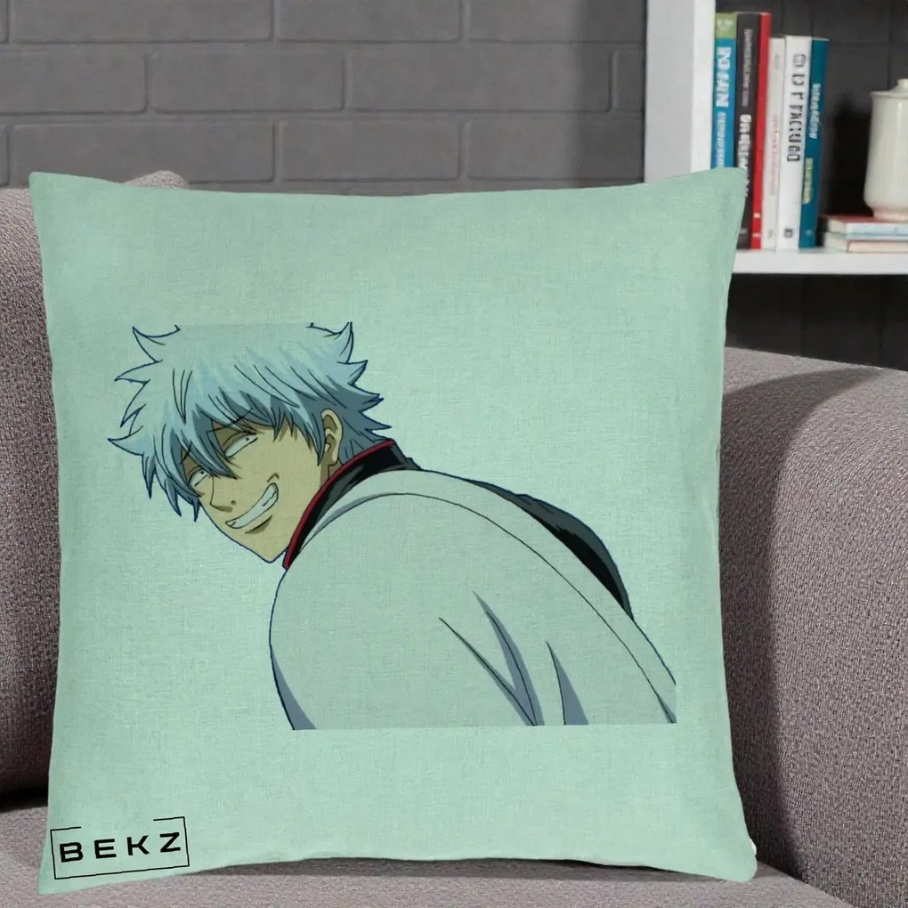 Perna Personalizata Gintama Gintoki Portret cu Zambet, 40x40 cm, Verde Menta, Husa Detasabila, Perna Inclusa, BEKZ®