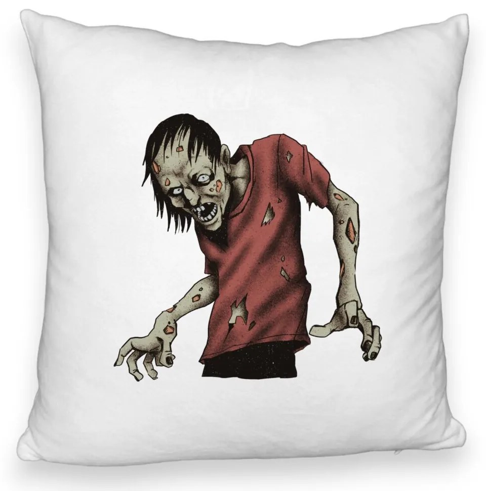 Perna Decorativa Fluffy cu motiv Zombie de Halloween 1, 40x40 cm, Alba, Husa Detasabila, Burduf