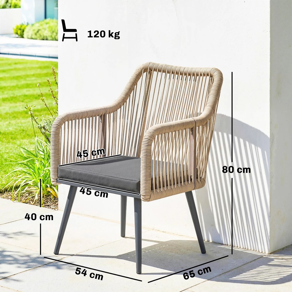 Outsunny Set 2 Scaune de Grădină din Ratan PE cu Perne Moi Lavabile și Brațe, Scaune pentru Dining Exterior din Oțel, pentru Terasă, Balcon, Grădină, Exterior, 54x65x80cm, Gri Închis | Aosom Romania