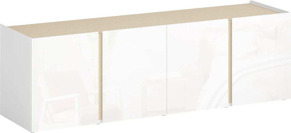 HOMCOM Comodă TV, banc TV cu 4 uși cu închidere amortizată, etajeră reglabilă și orificii pentru cabluri, 135 x 38 x 45 cm, alb | Aosom Romania