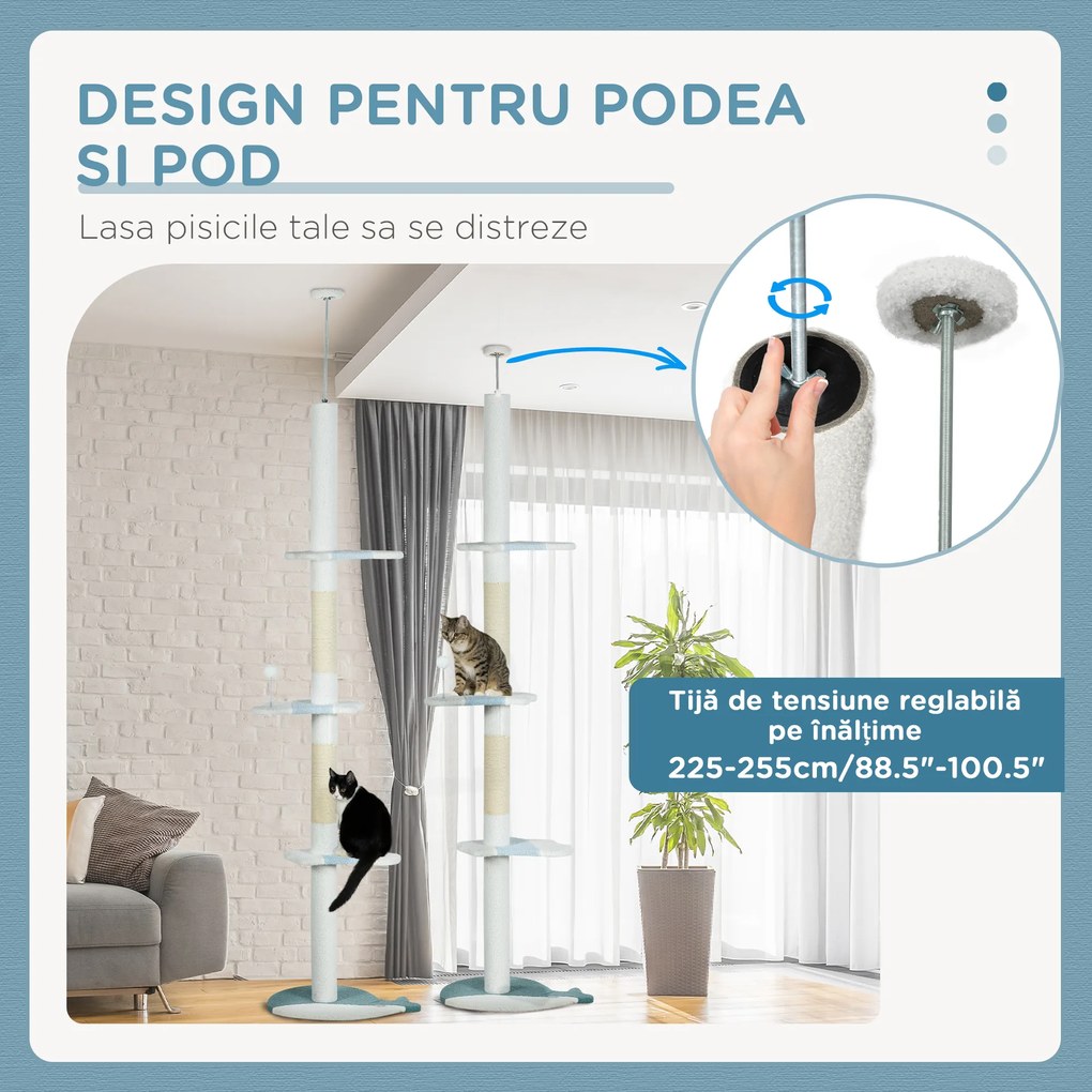 PawHut Arbore de Zgâriat pentru Pisici, 55x38x225-255 cm, Alb | Aosom Romania