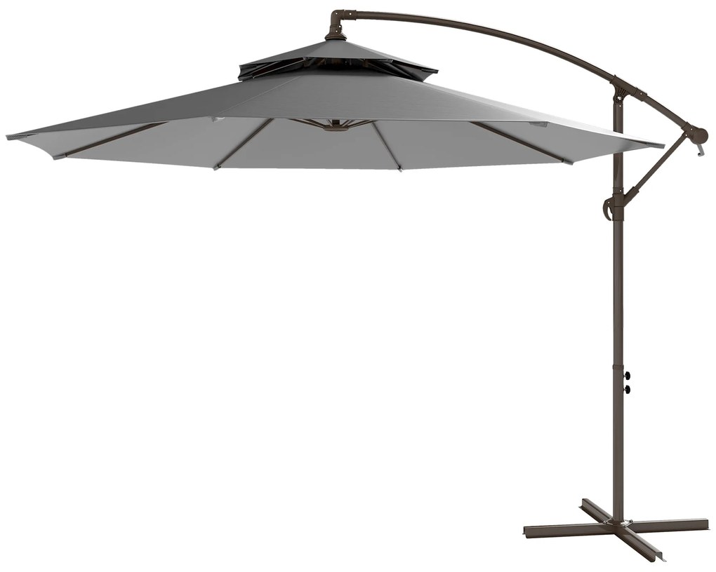 Outsunny Umbrelă Ampelschirm Ø2,67 x 2,45 m Cu Manivelă și Acoperiș Dublu Bază în Formă de Cruce Oțel Protecție Solară Poliester Oțel Gri deschis | Aosom Romania