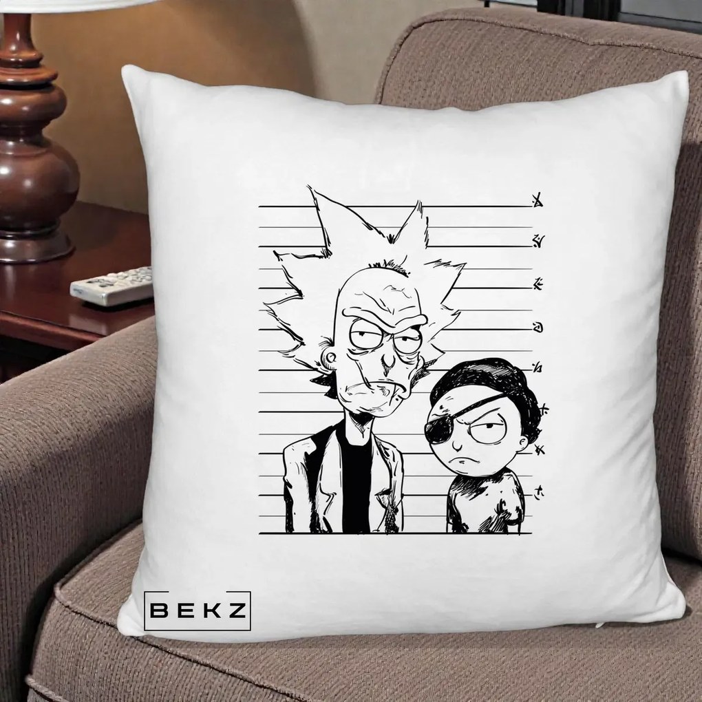 Perna Personalizata Rick si Morty Dosar, 40x40 cm, Alb Pufos, Husa Detasabila, Perna Inclusa, BEKZ®