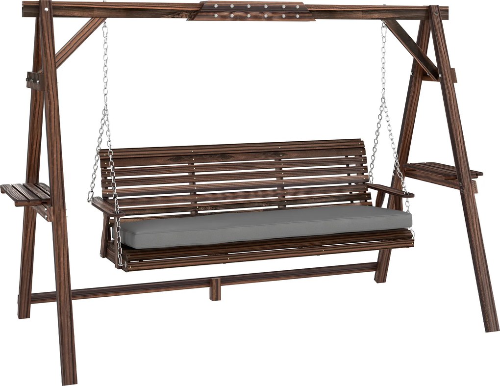 Outsunny Leagăn Hollywood, 3 locuri, leagăn de grădină din lemn, leagăn cu pernă și tăvițe până la 330 kg Carbonizat | Aosom Romania