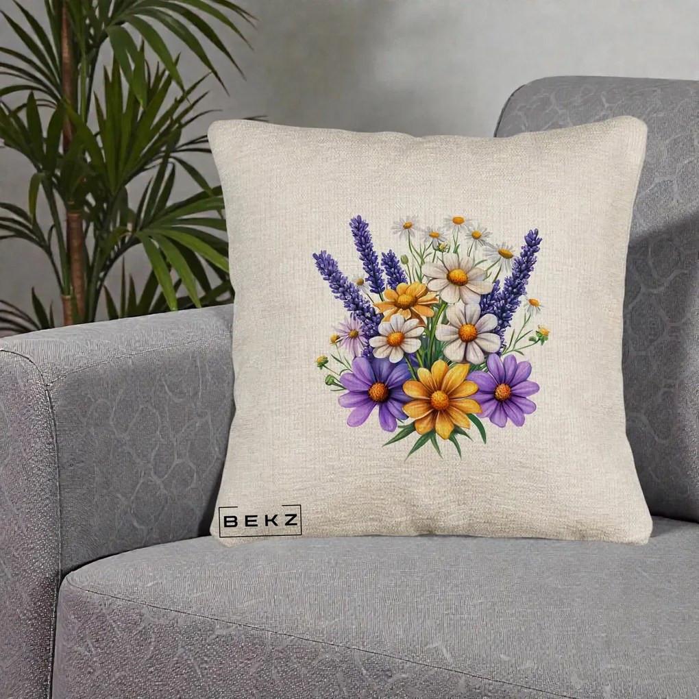 Perna Decorativa Lavanda Musetel si Flori Mov, 40x40 cm, Bej Canapea, Husa Detasabila, Perna Inclusa, BEKZ®