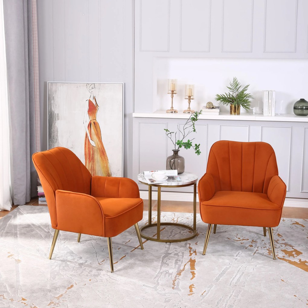 Set de 2 scaune de living din catifea, Design ergonomic, Culoare portocaliu