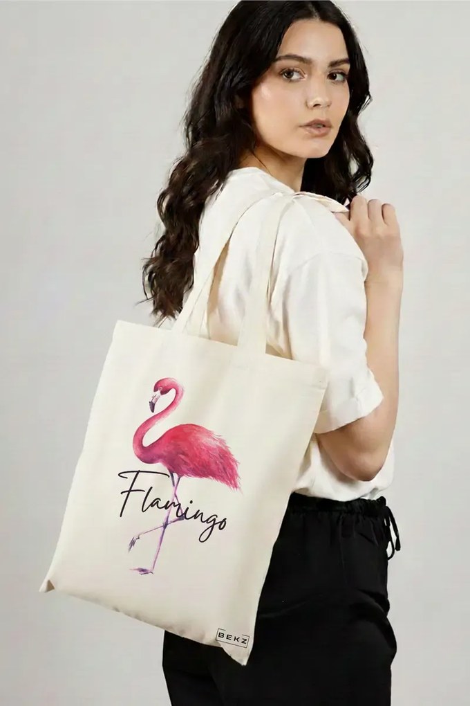 Sacosa de Panza pentru Cumparaturi, Geanta Tote, model Flamingo, 38x34.5 cm, Alba, BEKZ®