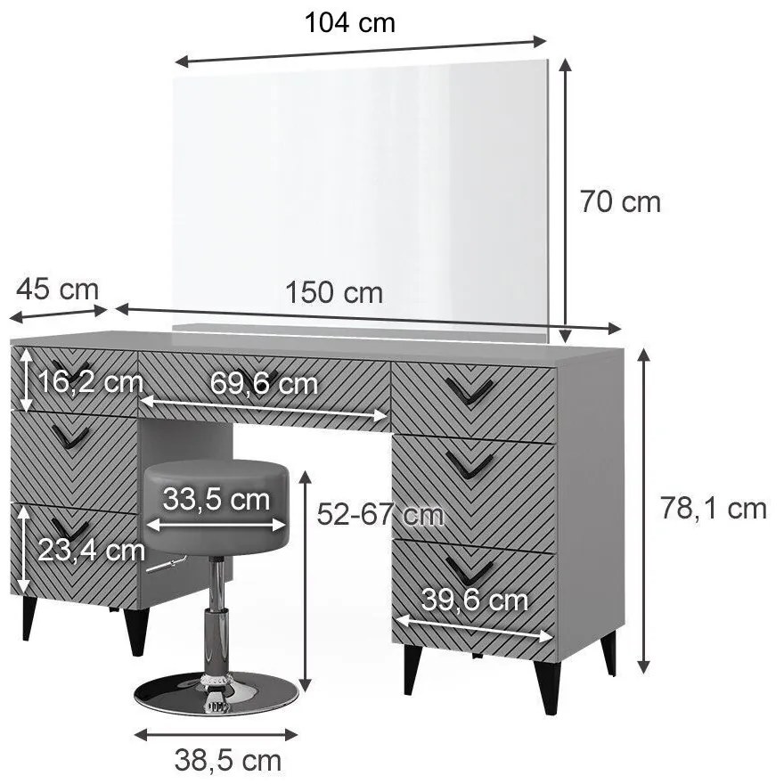 SEG213 - Set Masa toaleta 150 cm cosmetica machiaj, oglinda cu sau fara LED, masuta vanity cu sau fara scaun - Gri