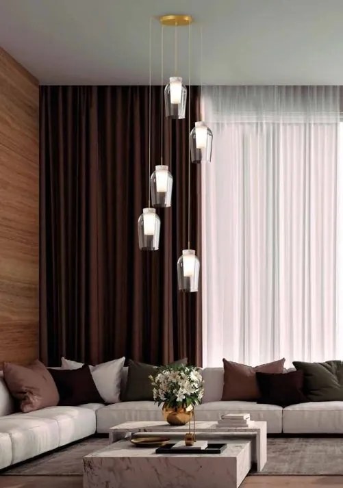 Lustra cu 5 pendule design modern Nora auriu/ marmura alba