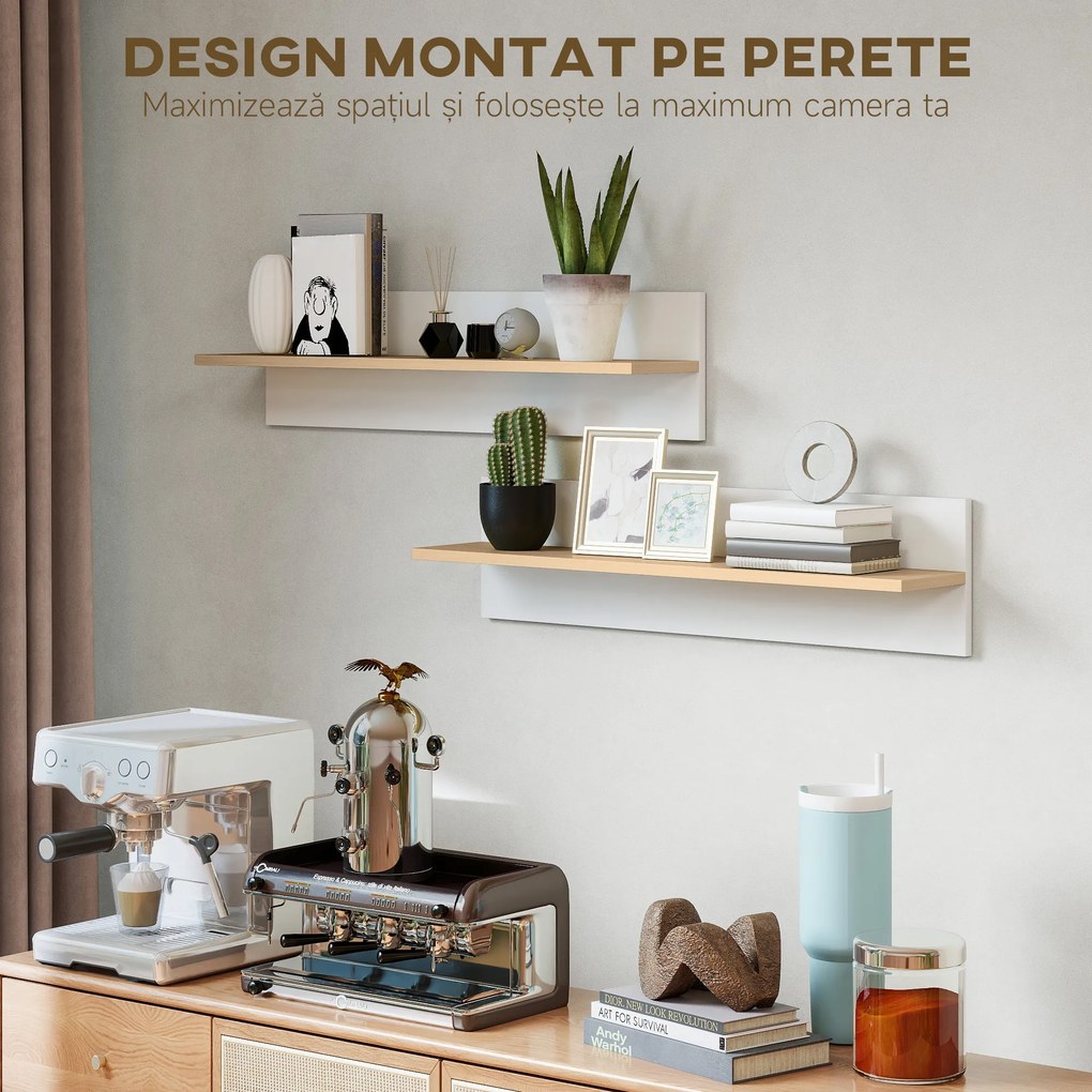 HOMCOM Set 2 Rafturi de Perete pentru Casă și Birou, Rafturi din Lemn pentru Bucătărie și Living, 80x16.5x20 cm, Alb și Lemn Natural | Aosom Romania