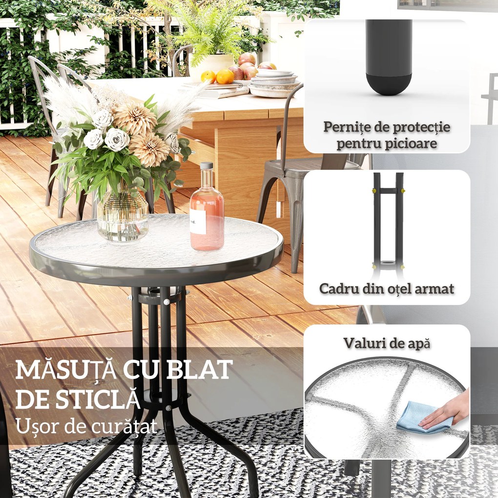 Outsunny Set Mobilier de Grădină din 3 Piese cu Scaune Suprapozabile și Masă din Sticlă, 54x71x93 cm, Gri Închis | Aosom Romania