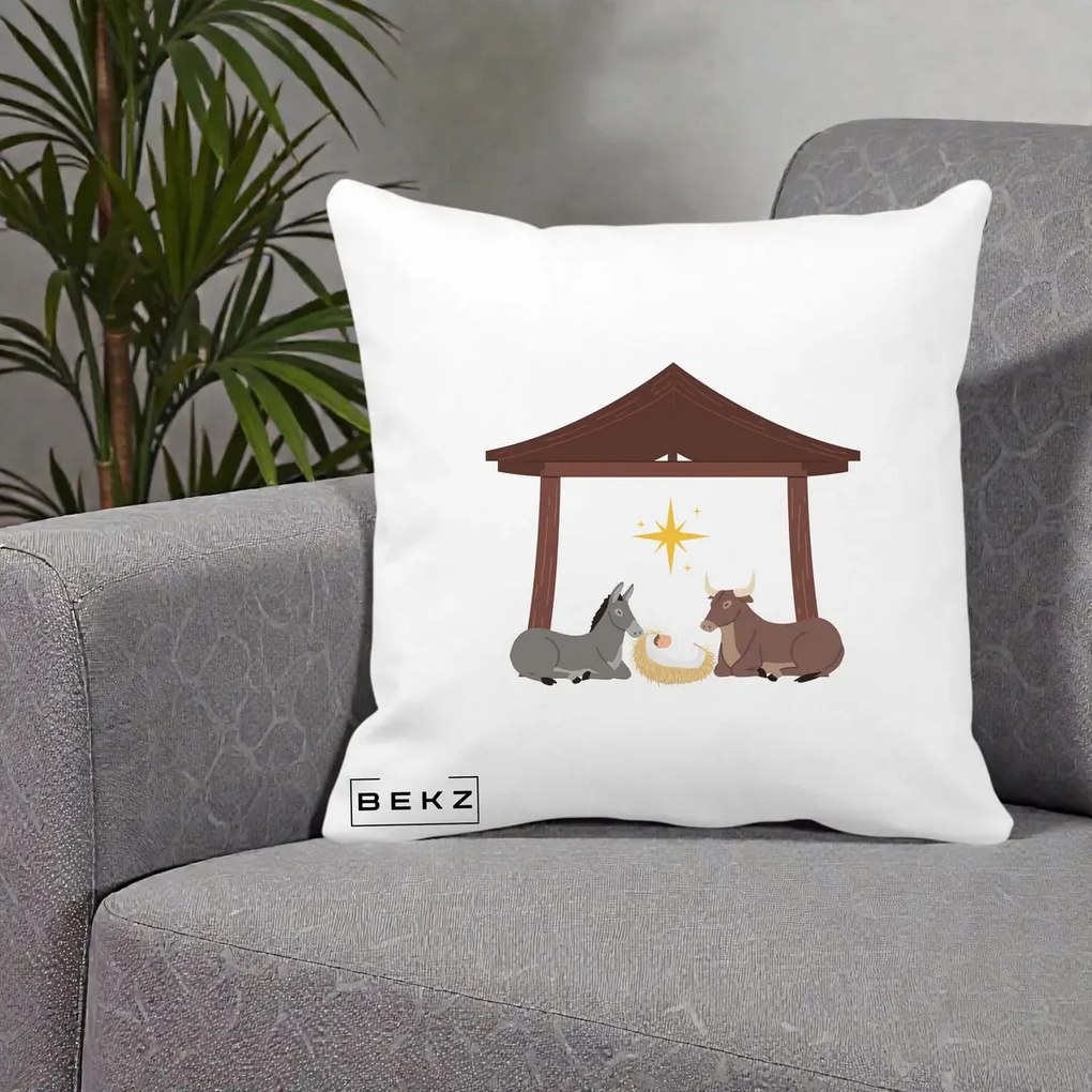 Perna Decorativa Ieslea din Betleem cu Iesle Asin si Bou, 40x40 cm, Alba Mata, Husa Detasabila, Perna Inclusa, BEKZ®