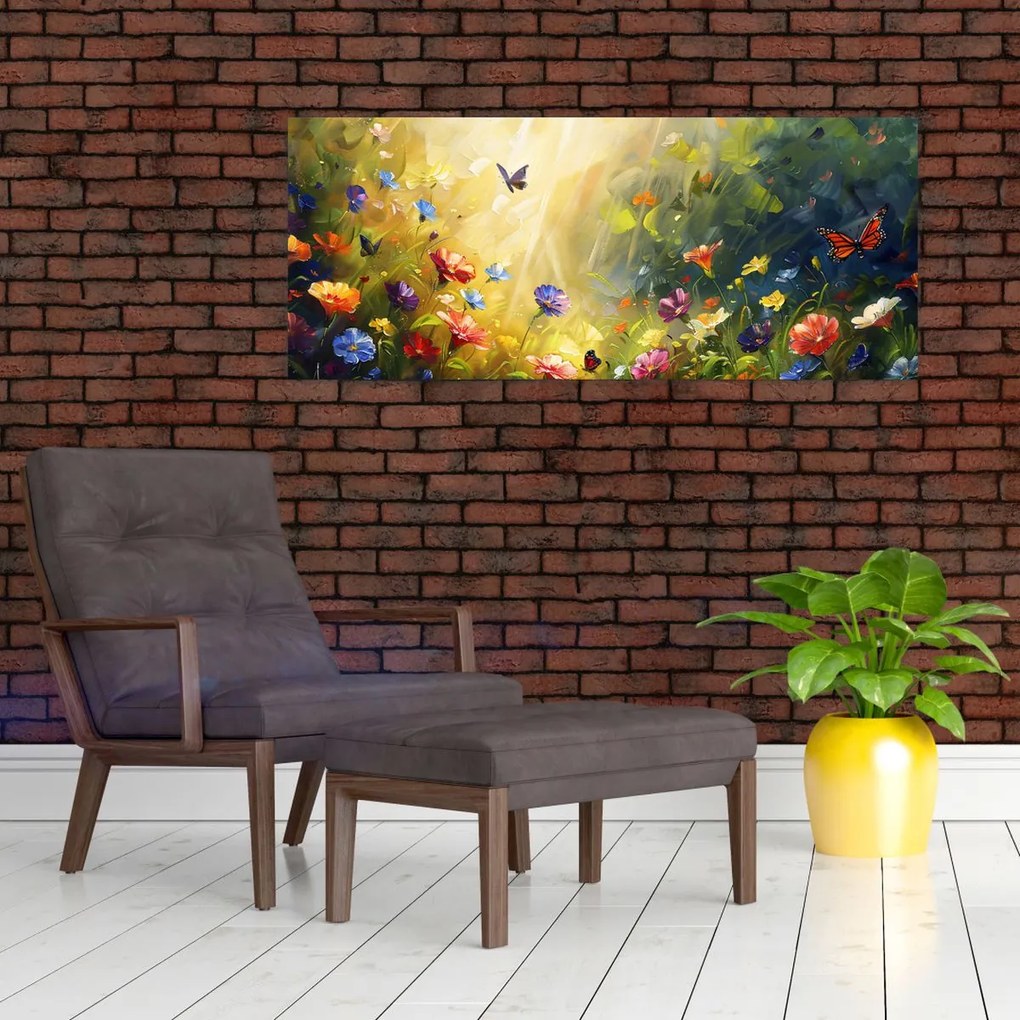 Tablou - Pajiște cu flori de primăvară, pictură (120x50 cm)