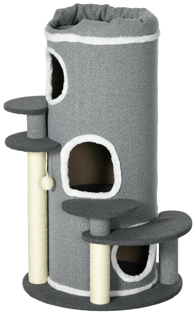 PawHut Post de zgâriat cu stâlpi de zgâriat, 2 ascunzișuri pentru pisici, 4 locuri de odihnă, 4 posturi de zgâriat, 57 cm x 57 cm x 99 cm, Gri + Alb | Aosom Romania