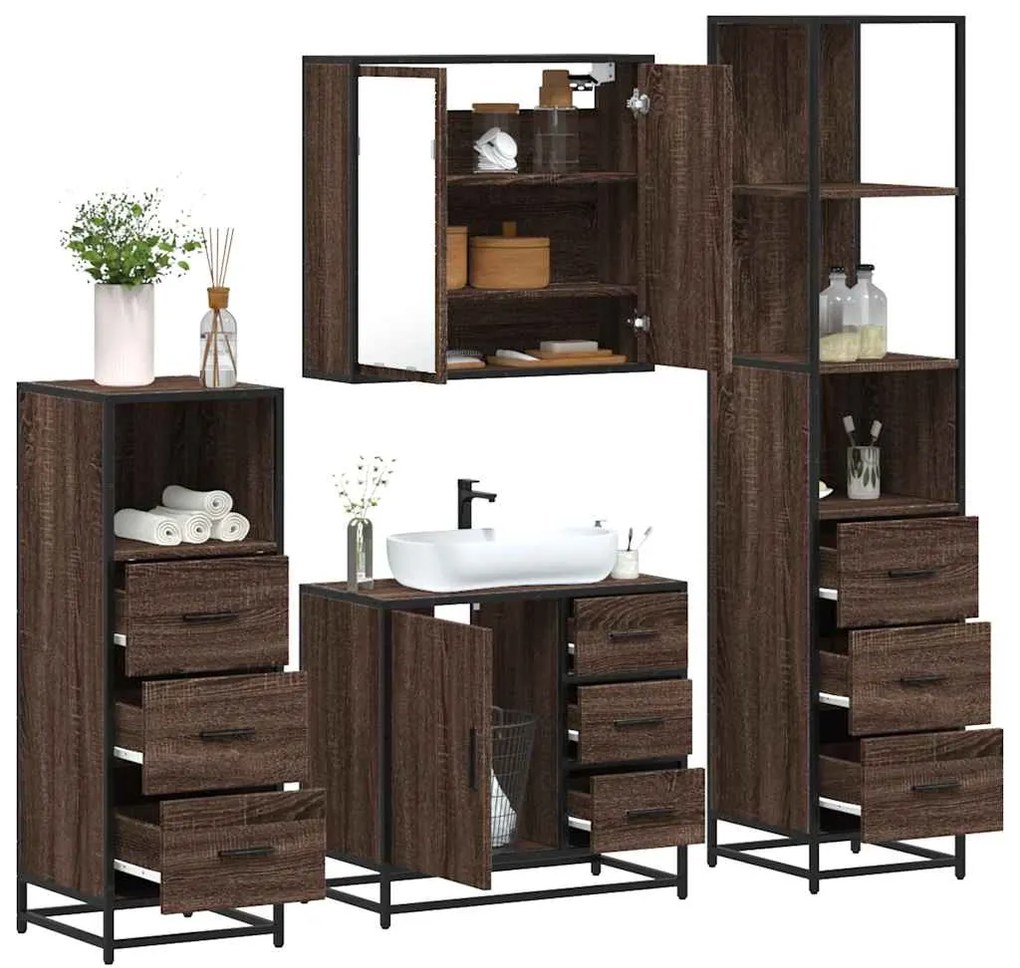 vidaXL Set de mobilier de baie din 4 piese din lemn de stejar maro