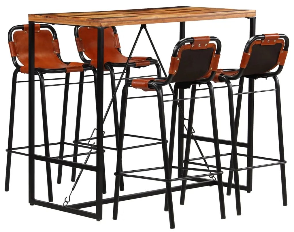 246287 vidaXL Set bar, 5 piese, lemn masiv reciclat & piele naturală de capră