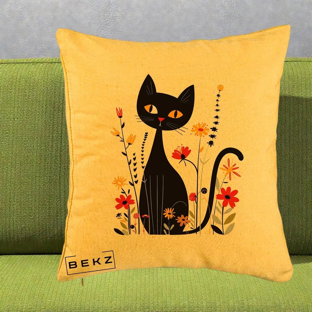 Perna Decorativa Pisica Neagra Ochi Galbeni Flori, 40x40 cm, Galben, Husa Detasabila, Perna Inclusa, BEKZ®
