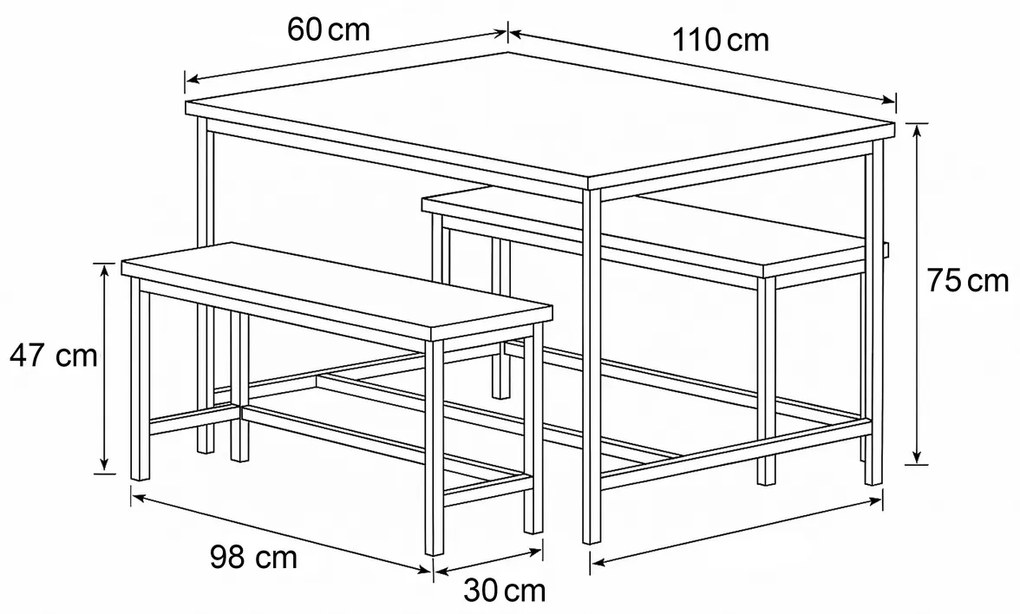 Set de masă cu 2 bănci OLD WOOD , 110 x 60 x 75 cm