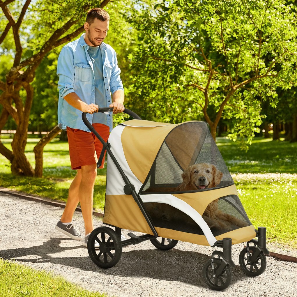 PawHut Cărucior pentru câini, cărucior pliabil pentru câini mari, cărucior pentru animale cu 4 roți, lese de siguranță, frâne, maro | Aosom Romania