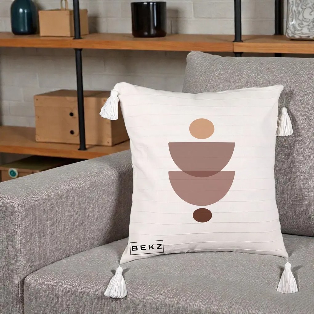 Perna Decorativa Geometric Boho Semicercuri Brun, 40x40 cm, Bej cu Franjuri, Husa Detasabila, Perna Inclusa, BEKZ®