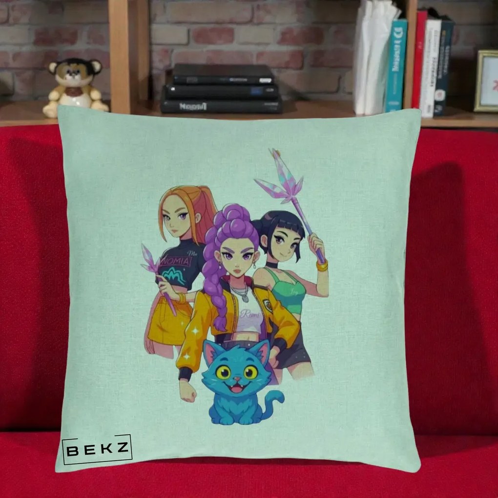 Perna Personalizata K-pop HUNTRX Trio cu Pisica si Cristale, 40x40 cm, Verde Menta, Husa Detasabila, Perna Inclusa, BEKZ®