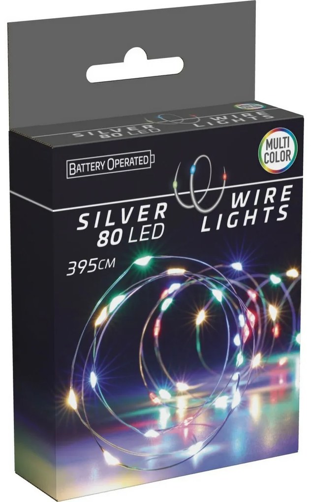 Instalație luminoasă Silver, 4 m, 80 LED-uri, colorată, pe baterii