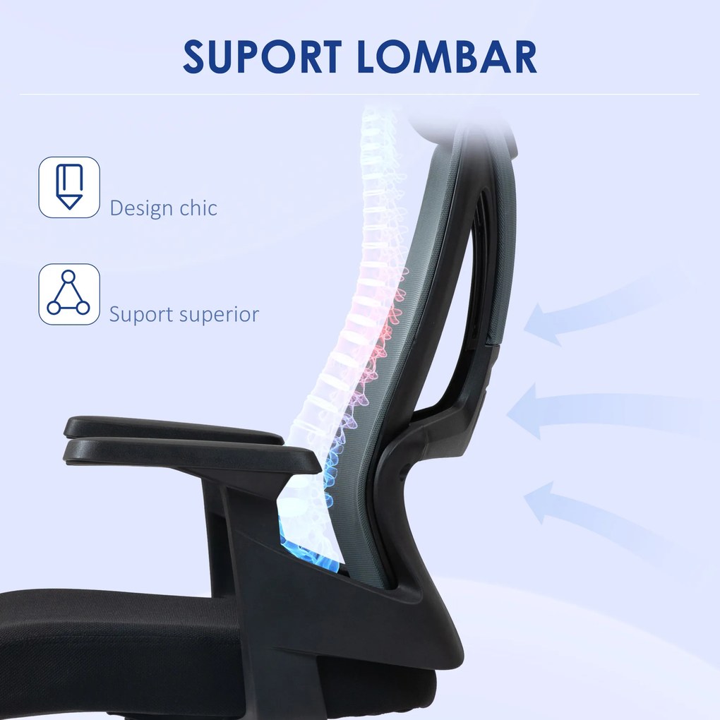 HOMCOM Scaun Ergonomic de Birou cu Suport Lombar, Tetieră și Înălțime Reglabilă, 66x58x115-123 cm, Negru | Aosom Romania