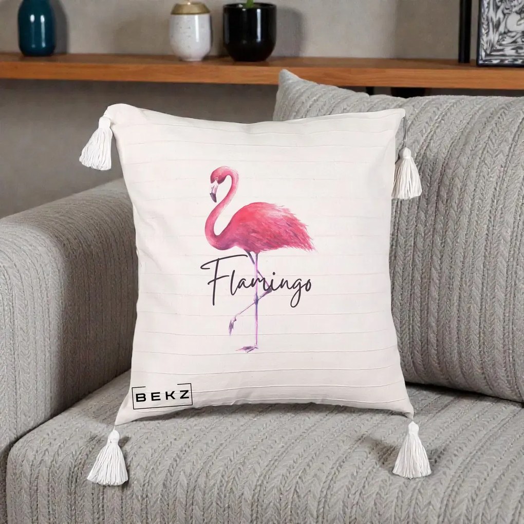 Perna Decorativa Flamingo Acuarela, 40x40 cm, Bej cu Franjuri, Husa Detasabila, Perna Inclusa, BEKZ®