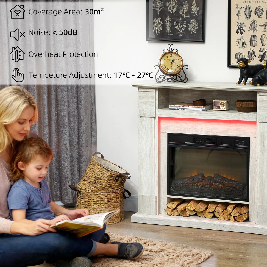 HOMCOM Șemineu Electric 1800W Reglabil cu Flacără 3D, Raft, Timer și Telecomandă, 105x27x97 cm, culoare Lemn | Aosom Romania