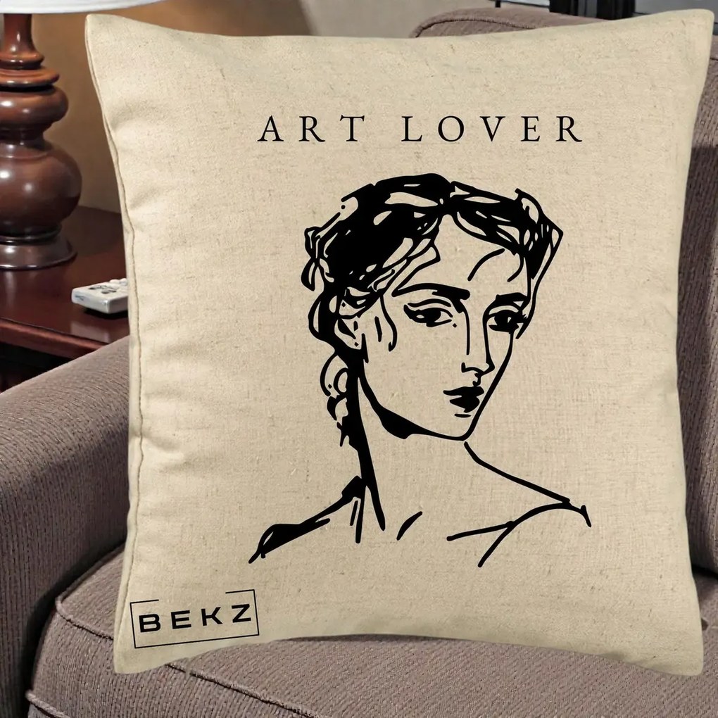 Perna Decorativa Art Lover Portret Grafic, 40x40 cm, Bej, Husa Detasabila, Perna Inclusa, BEKZ®