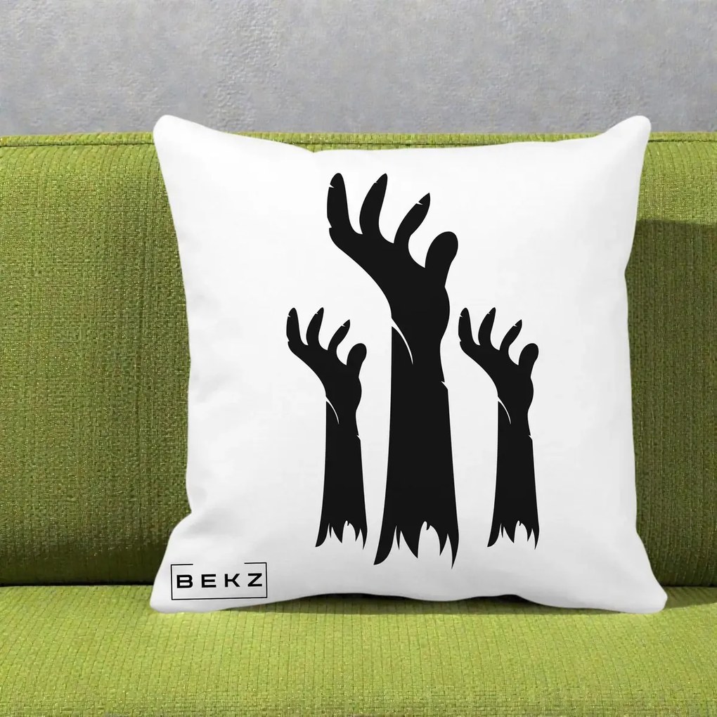 Perna Decorativa Halloween Maini Zombie Alb-Negru, 40x40 cm, Alba Mata, Husa Detasabila, Perna Inclusa, BEKZ®