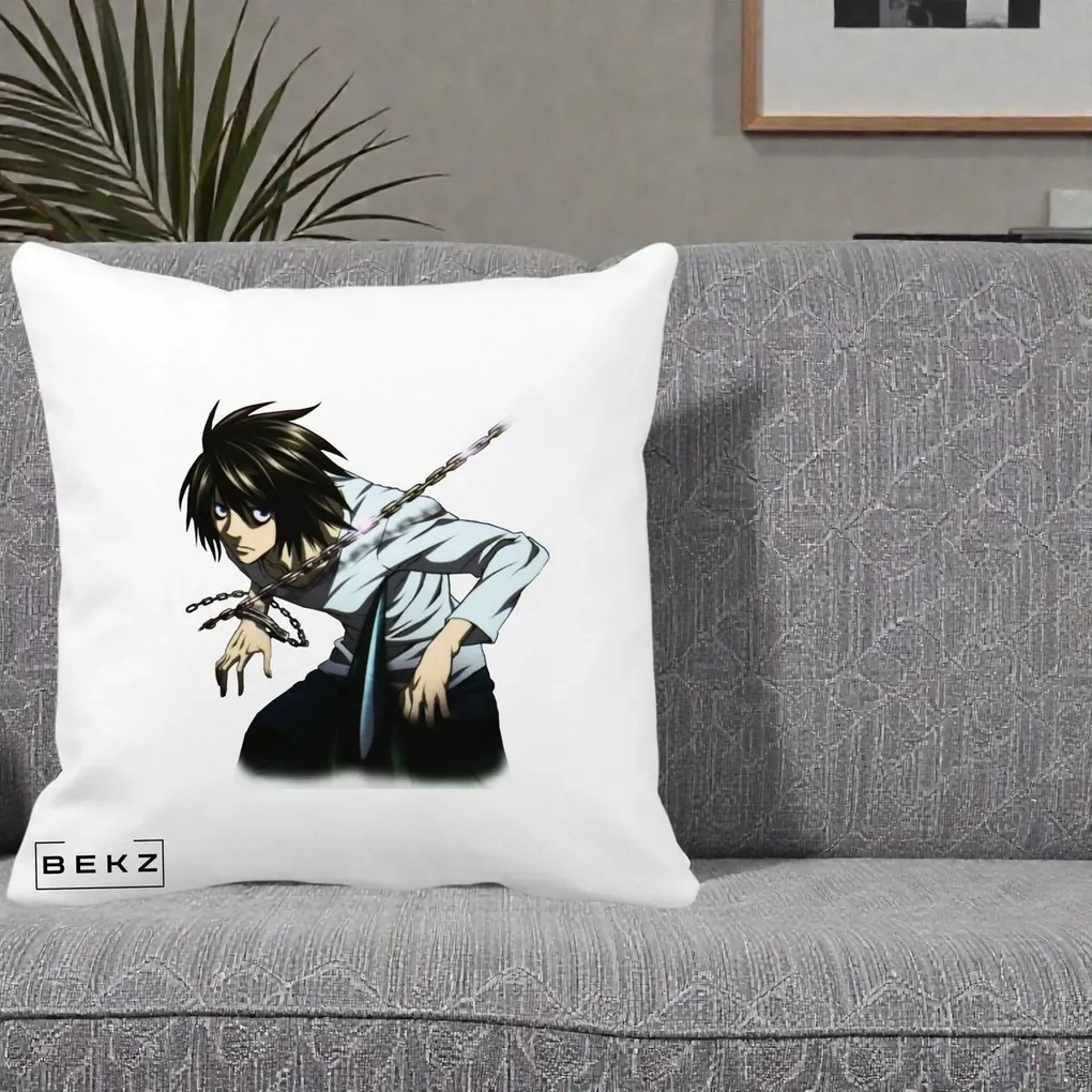 Perna Personalizata Death Note L Lawliet Lanturi, 40x40 cm, Alba Mata, Husa Detasabila, Perna Inclusa, BEKZ®