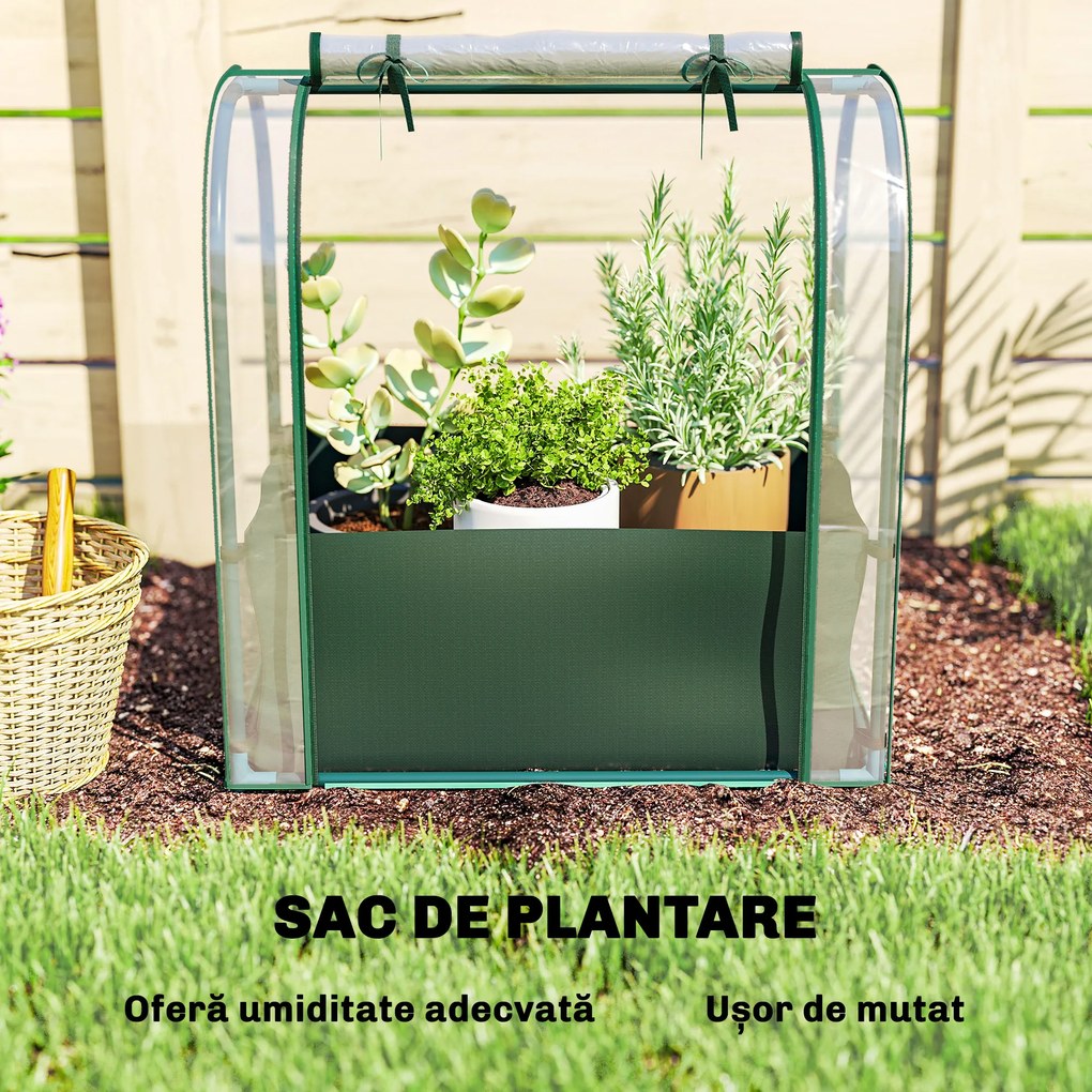 Outsunny Mini Seră de Grădină cu Sac de Plantare, Seră pentru Grădină cu Ușă Rulabilă, Structură din Oțel, Acoperire din Plastic, pentru Legume, Flori, Plante, Verde Închis | Aosom Romania