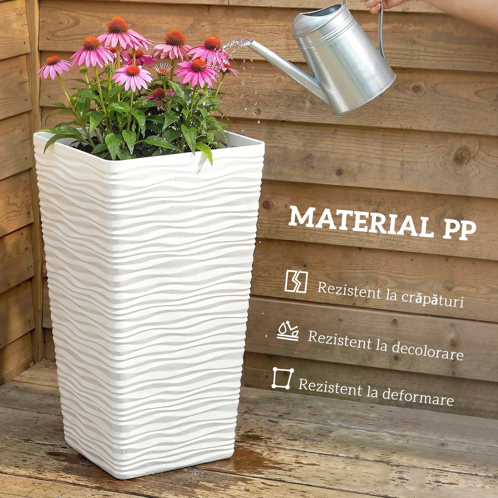 Outsunny Set de 3 Ghivece de Exterior Suprapozabile cu Model Ondulat, Ghivece Pătrate din Plastic pentru Flori cu Orificii de Drenaj, 42/55/65 cm, Alb, Negru, Maro | Aosom Romania