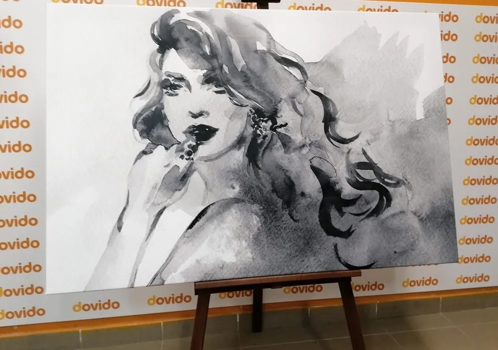 Tablou portretul feminin în acuarelă în design alb-negru