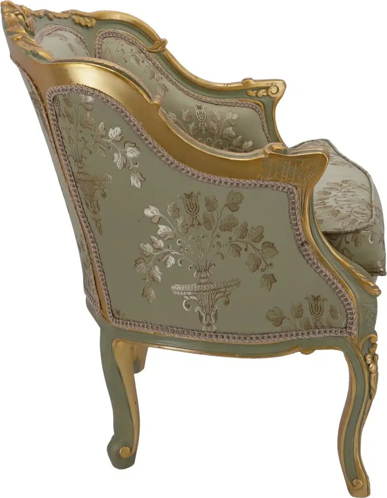 Fotoliu baroc din lemn sculptat, tapiterie damasc, finisaje aurii Design clasic elegant