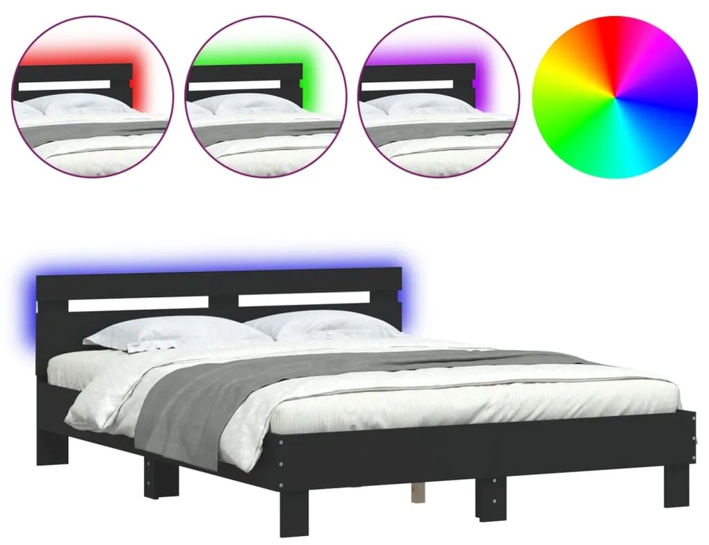 3207547 vidaXL Cadru de pat cu tăblie și LED, negru, 140x200 cm