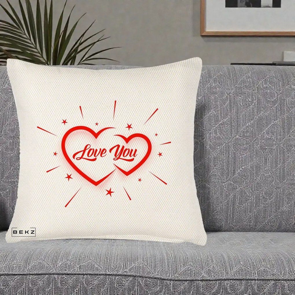 Cadou Romantic - Perna Personalizata Love You Doua Inimi, 40x40 cm, Crem Reliefat, Husa Detasabila, Perna Inclusa, BEKZ®