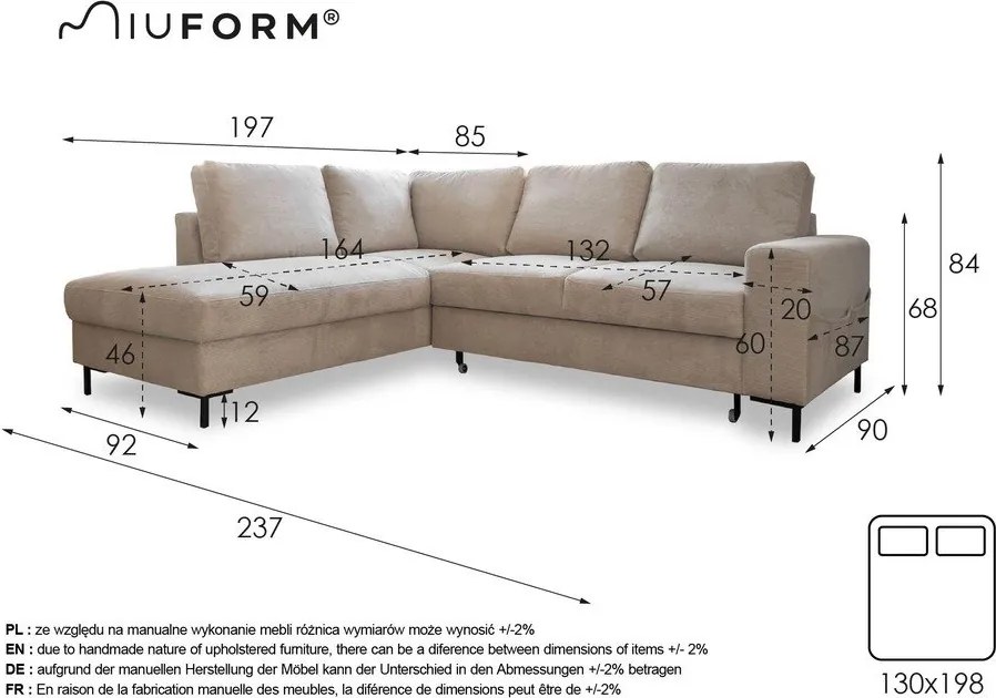 Colțar gri închis extensibil cu tapițerie din catifea reiată (cu colț pe partea stângă ) Lofty Lilly – Miuform