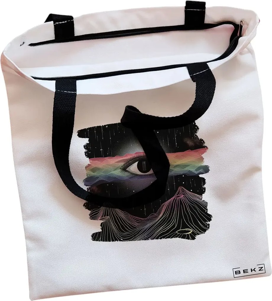 Sacosa de Panza pentru Cumparaturi, Geanta Tote, model Celestial Eye 9, Cu fermoar, 38x34.5 cm, Alba, BEKZ®
