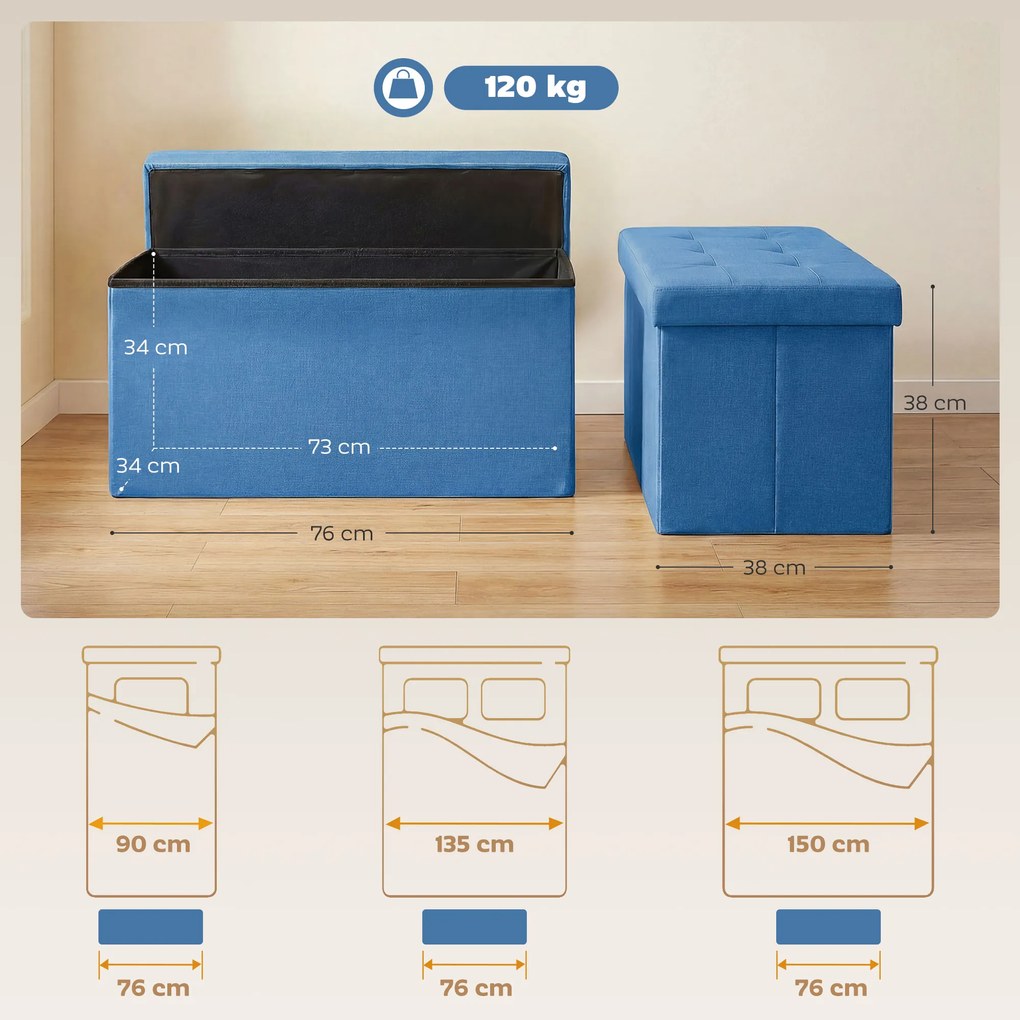 HOMCOM Puf de depozitare, bancă de depozitare pliabilă 84 L 76x38x38 cm tapițată în in sintetic albastru deschis | Aosom Romania