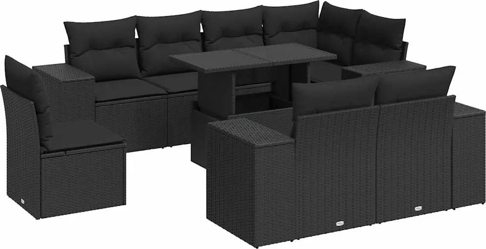 vidaXL Set mobilier de grădină cu perne, 9 piese, negru, poliratan