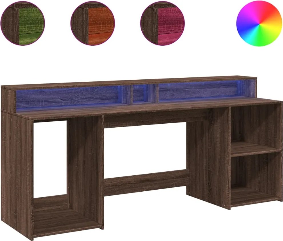 vidaXL Birou cu lumini LED, stejar maro, 200x55x91 cm, lemn prelucrat