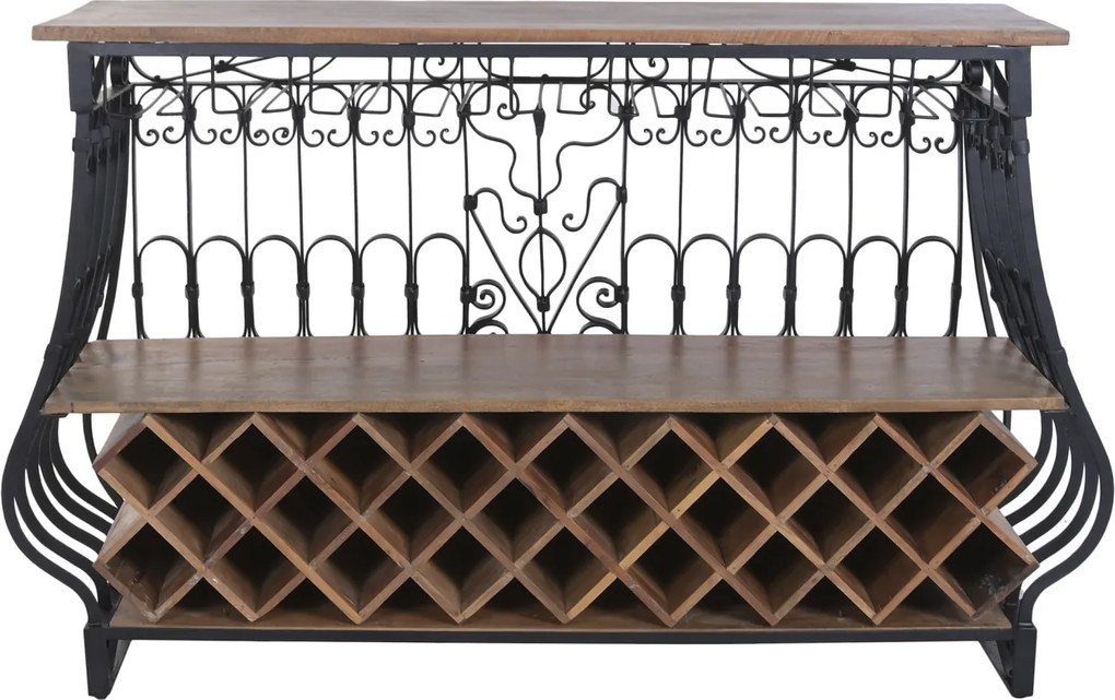 Bar din metal negru și lemn masiv, cu blat natur și rafturi, finisaj vopsit, 97 x 144 x 42 cm, „Périgord”