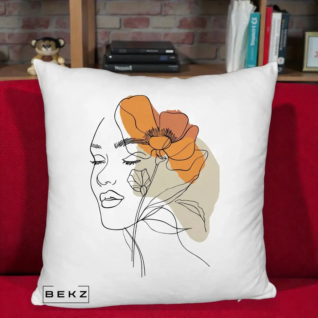 Perna Decorativa Portret Feminin Mac Mare Portocaliu, 40x40 cm, Alb Pufos, Husa Detasabila, Perna Inclusa, BEKZ®