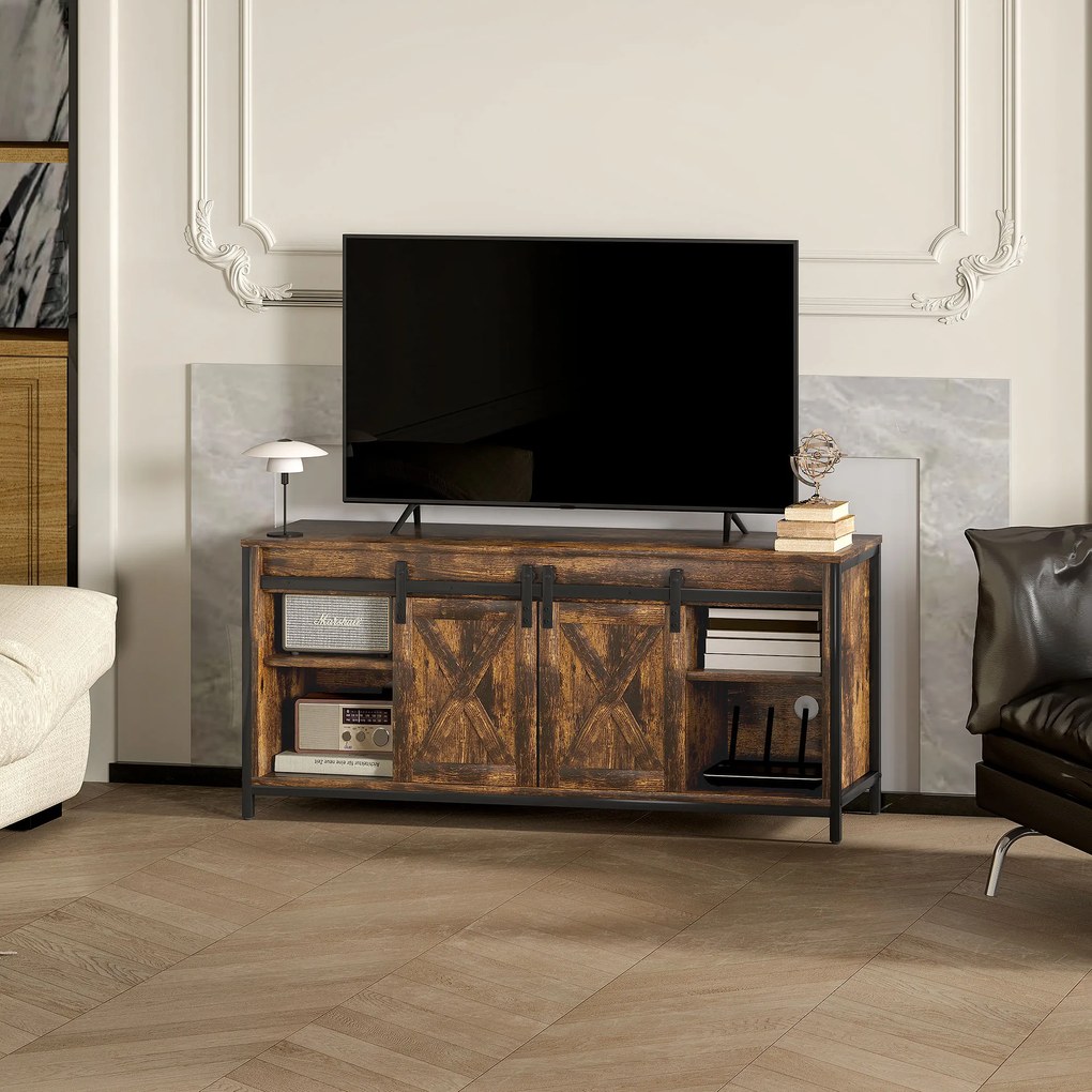 HOMCOM Stand TV Lowboard, Design industrial, pentru televizoare de 60'', 6 rafturi, 2 uși glisante, Maro/Negru | Aosom Romania
